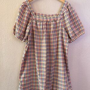 Old Navy Dress Women’s Size Large Colorful Plaid Puff Sleeves Square Neck